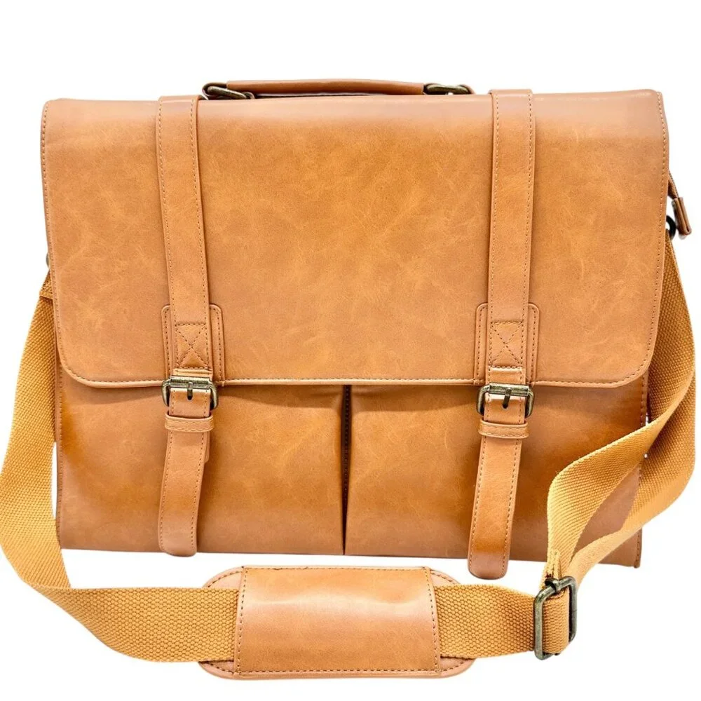 Leather Laptop Briefcase Adjustable Shoulder Strap Multiple Compartments Brown
